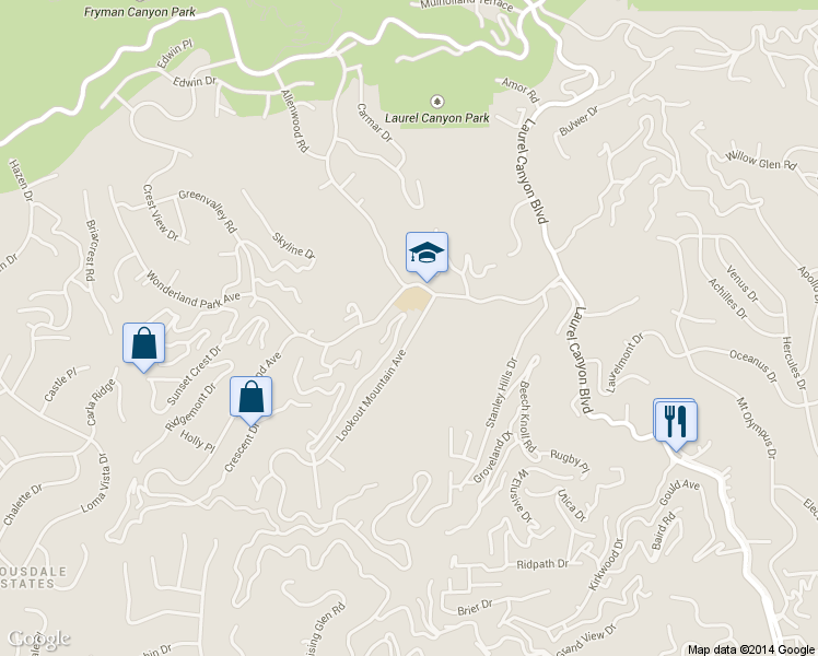 map of restaurants, bars, coffee shops, grocery stores, and more near 8551 Lookout Mountain Avenue in Los Angeles