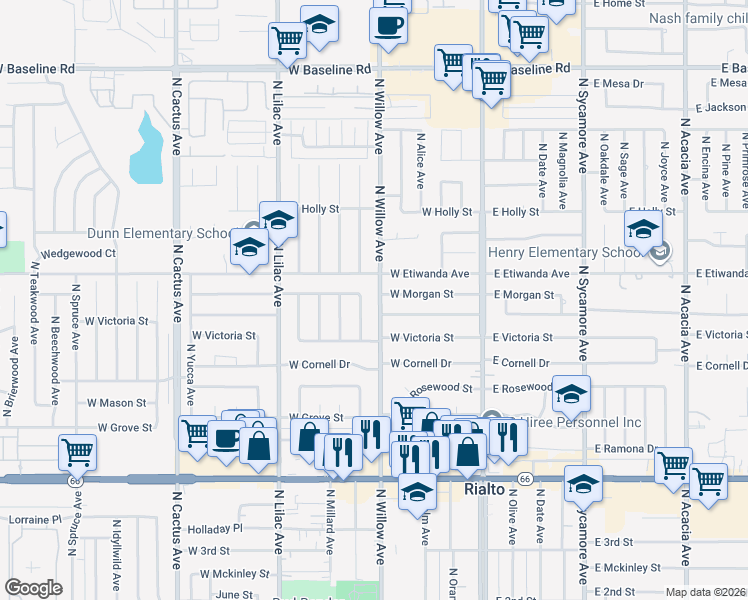 map of restaurants, bars, coffee shops, grocery stores, and more near 746 North Willow Avenue in Rialto