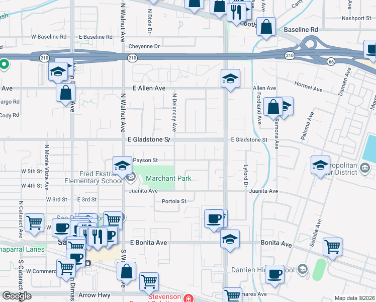 map of restaurants, bars, coffee shops, grocery stores, and more near 620 North Hatfield Avenue in San Dimas