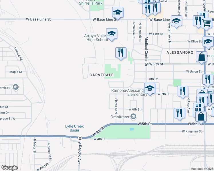 map of restaurants, bars, coffee shops, grocery stores, and more near 748 Garcia Street in San Bernardino