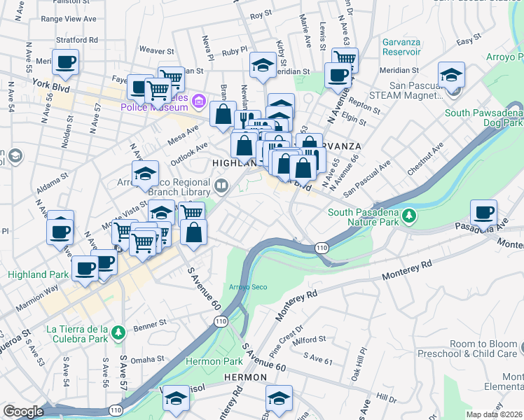 map of restaurants, bars, coffee shops, grocery stores, and more near 222 South Avenue 63 in Los Angeles