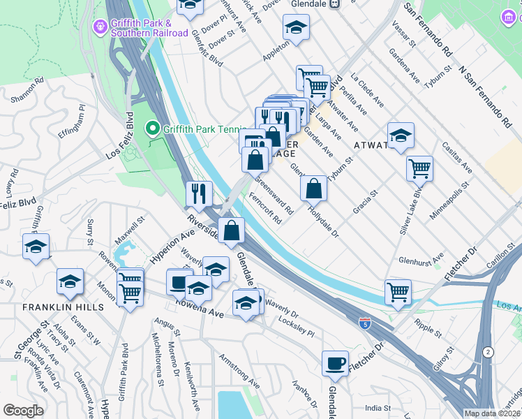 map of restaurants, bars, coffee shops, grocery stores, and more near 3448 Ferncroft Road in Los Angeles