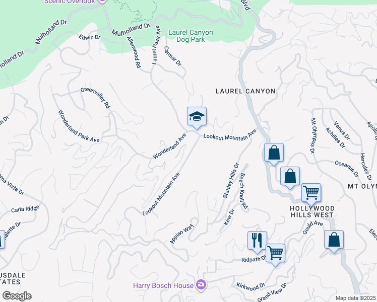 map of restaurants, bars, coffee shops, grocery stores, and more near 8551 Lookout Mountain Avenue in Los Angeles