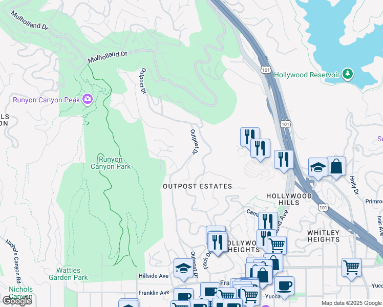 map of restaurants, bars, coffee shops, grocery stores, and more near 2331 Outpost Drive in Los Angeles