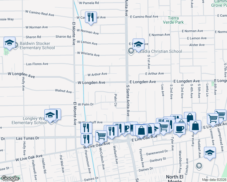map of restaurants, bars, coffee shops, grocery stores, and more near 2221 Palm Circle in Arcadia