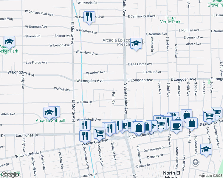 map of restaurants, bars, coffee shops, grocery stores, and more near 61 West Birchcroft Street in Arcadia