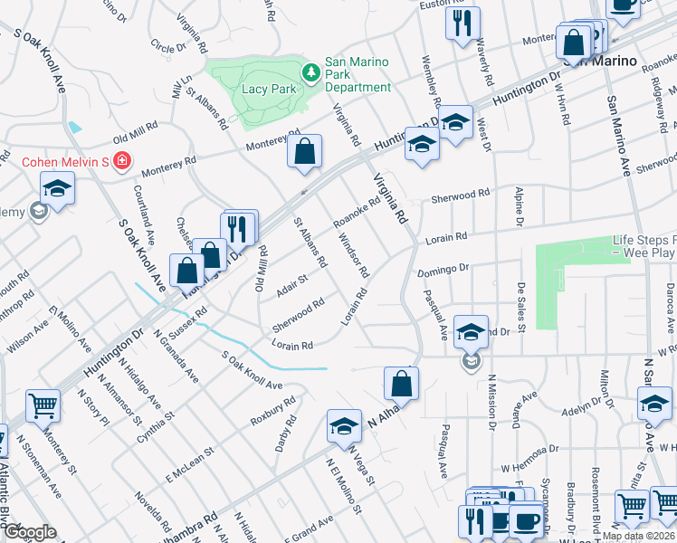map of restaurants, bars, coffee shops, grocery stores, and more near 1880 Saint Albans Road in San Marino