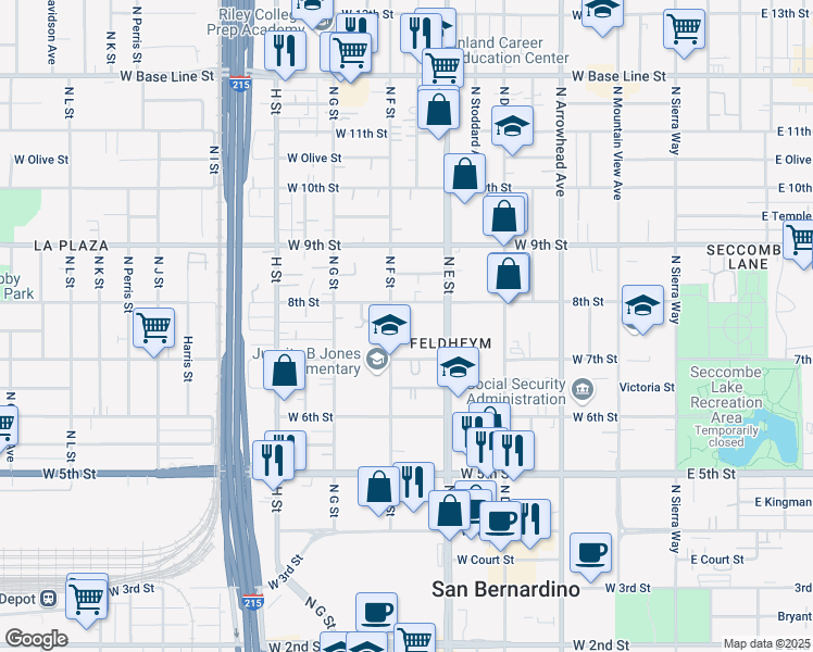 map of restaurants, bars, coffee shops, grocery stores, and more near 777 North F Street in San Bernardino