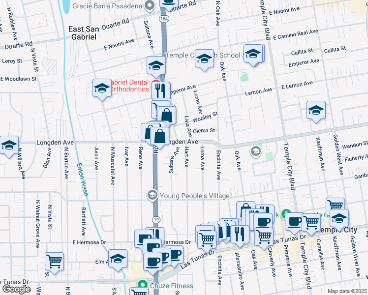 map of restaurants, bars, coffee shops, grocery stores, and more near 6267 Hart Avenue in Temple City