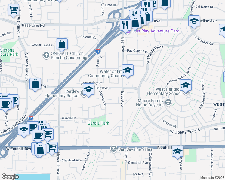 map of restaurants, bars, coffee shops, grocery stores, and more near 13231 Miller Avenue in Rancho Cucamonga