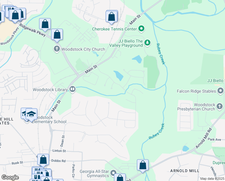 map of restaurants, bars, coffee shops, grocery stores, and more near 307 Ashgrove Court in Woodstock