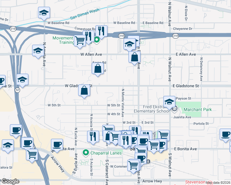 map of restaurants, bars, coffee shops, grocery stores, and more near in San Dimas