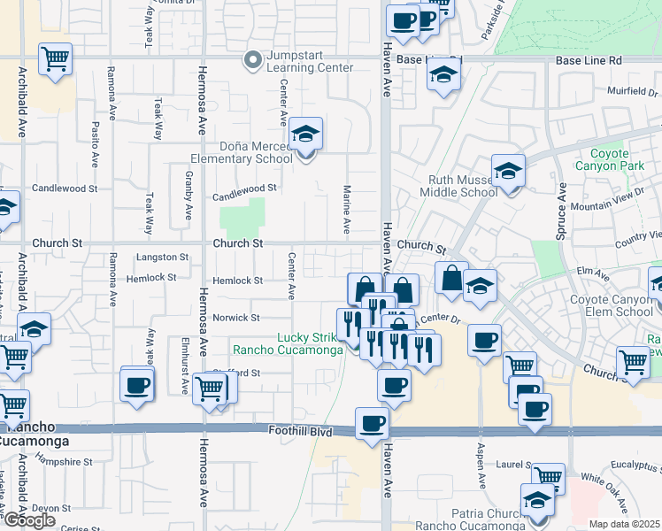 map of restaurants, bars, coffee shops, grocery stores, and more near 10375 Church Street in Rancho Cucamonga