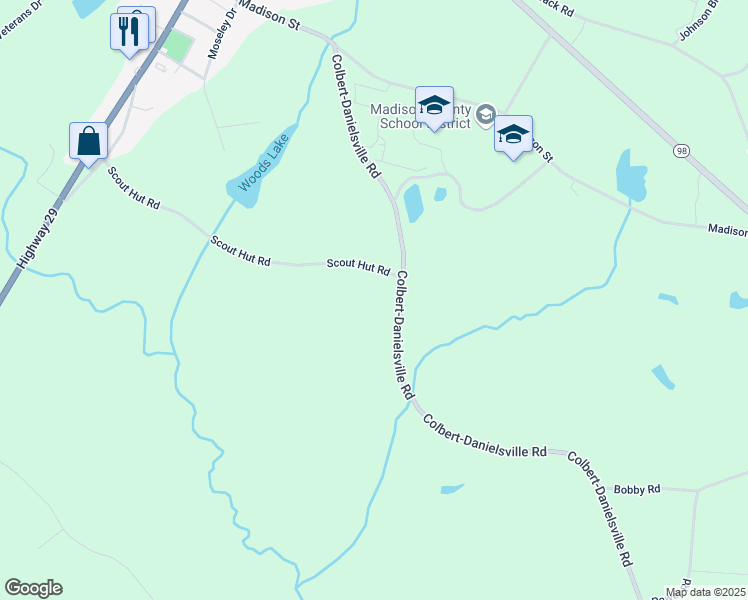map of restaurants, bars, coffee shops, grocery stores, and more near 1 Gosnell-Hutto Road in Danielsville