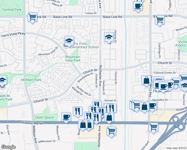 map of restaurants, bars, coffee shops, grocery stores, and more near 11845 Brandywine Place in Rancho Cucamonga