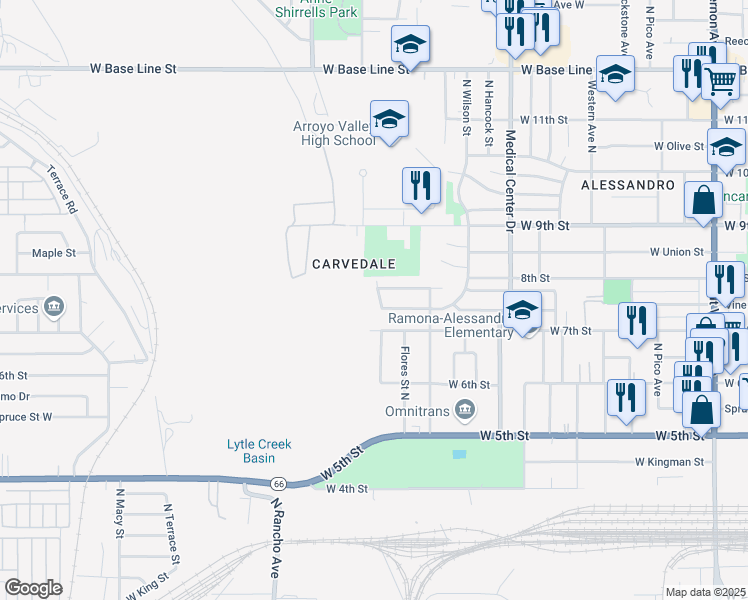 map of restaurants, bars, coffee shops, grocery stores, and more near 748 Garcia Street in San Bernardino