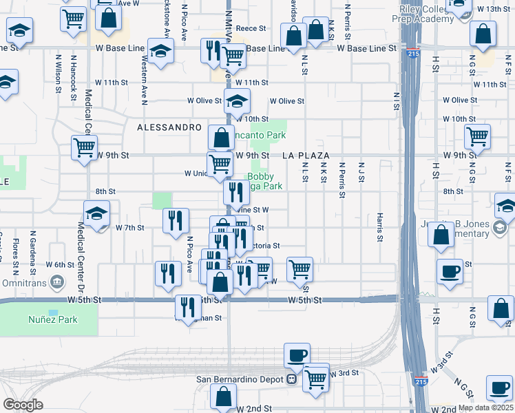 map of restaurants, bars, coffee shops, grocery stores, and more near 1232 Vine Street West in San Bernardino
