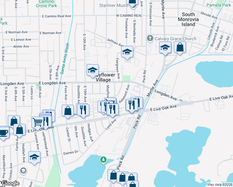 map of restaurants, bars, coffee shops, grocery stores, and more near 2844 Larkfield Avenue in Arcadia