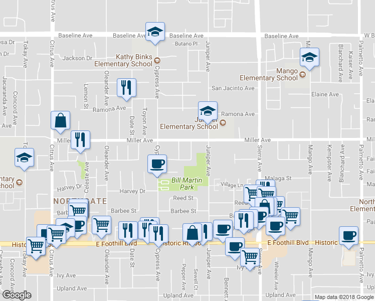 map of restaurants, bars, coffee shops, grocery stores, and more near 7740 Sewell Drive in Fontana