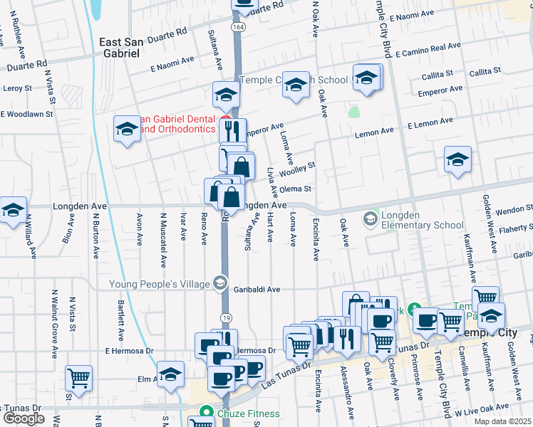 map of restaurants, bars, coffee shops, grocery stores, and more near 6267 Hart Avenue in Temple City