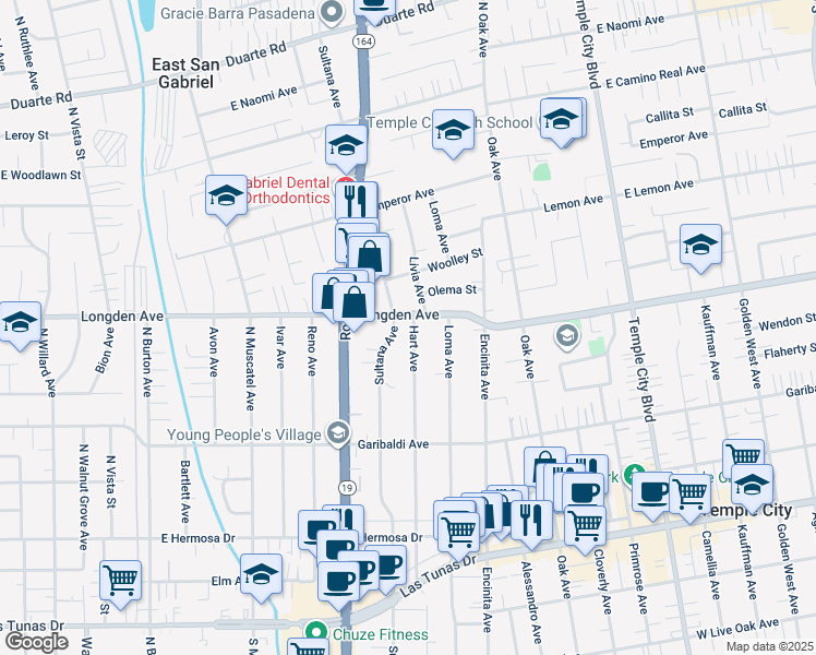 map of restaurants, bars, coffee shops, grocery stores, and more near 6267 Hart Avenue in Temple City