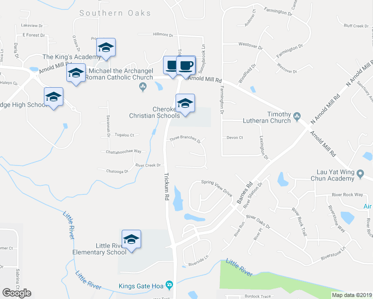 map of restaurants, bars, coffee shops, grocery stores, and more near 408 3 Branches Court in Woodstock
