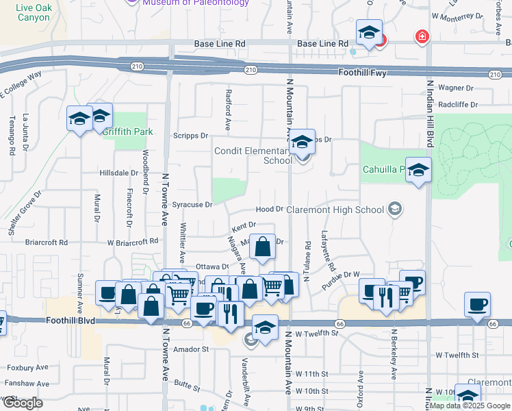 map of restaurants, bars, coffee shops, grocery stores, and more near 1607 Paine Court in Claremont