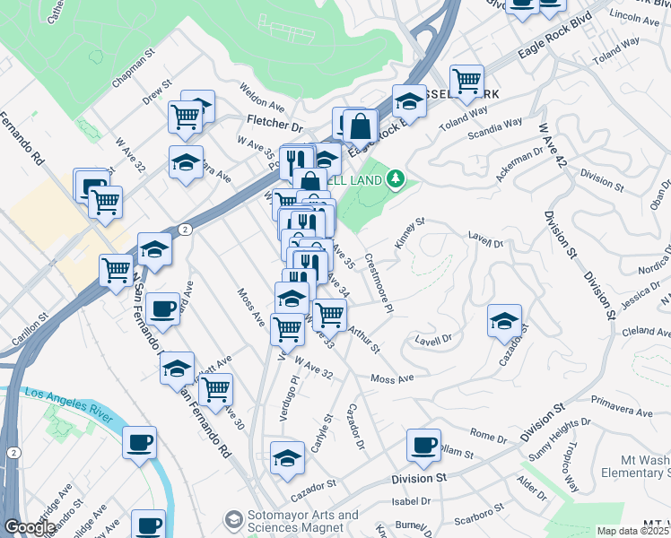map of restaurants, bars, coffee shops, grocery stores, and more near 2625 West Avenue 34 in Los Angeles