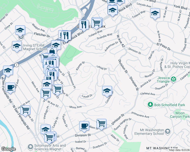 map of restaurants, bars, coffee shops, grocery stores, and more near 3722 Lavell Drive in Los Angeles