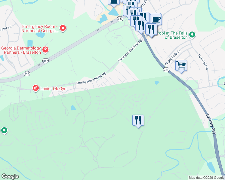 map of restaurants, bars, coffee shops, grocery stores, and more near 2520 Muskogee Ln in Braselton
