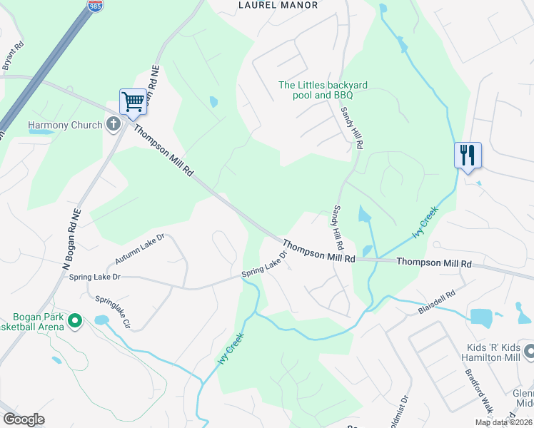 map of restaurants, bars, coffee shops, grocery stores, and more near 4115 Thompson Mill Road in Buford
