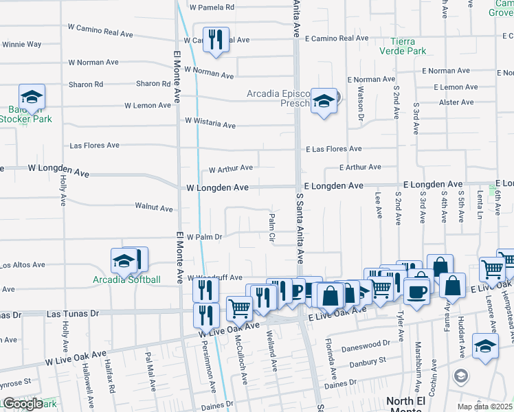 map of restaurants, bars, coffee shops, grocery stores, and more near 61 West Birchcroft Street in Arcadia