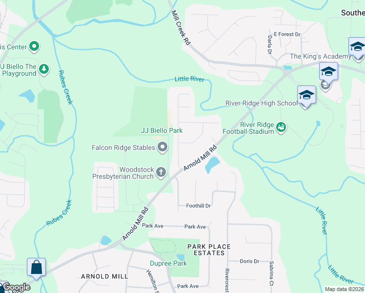 map of restaurants, bars, coffee shops, grocery stores, and more near 110 North River Drive in Woodstock