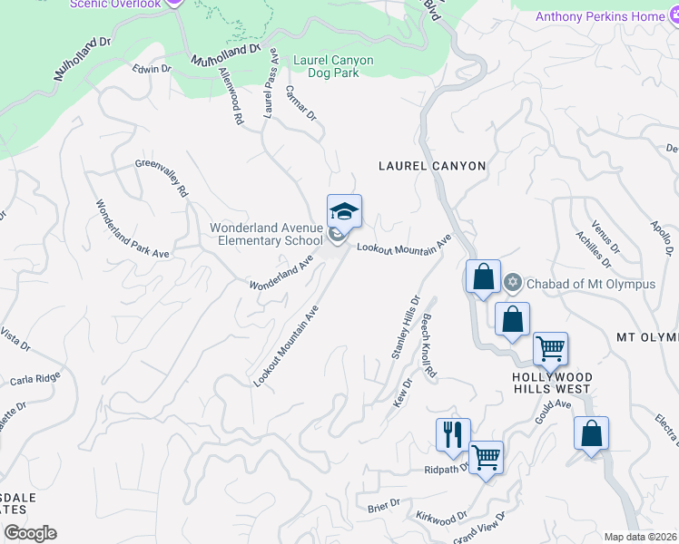 map of restaurants, bars, coffee shops, grocery stores, and more near 8536 Lookout Mountain Avenue in Los Angeles