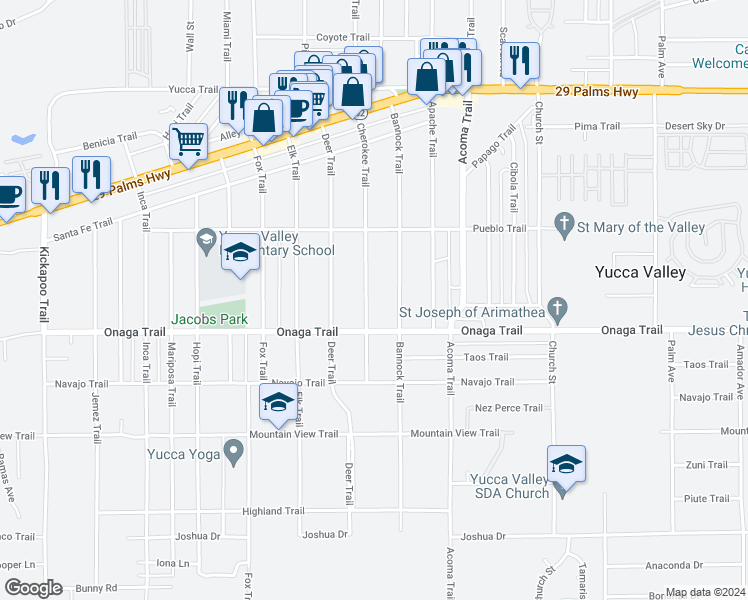 map of restaurants, bars, coffee shops, grocery stores, and more near 7637 Cherokee Trail in Yucca Valley