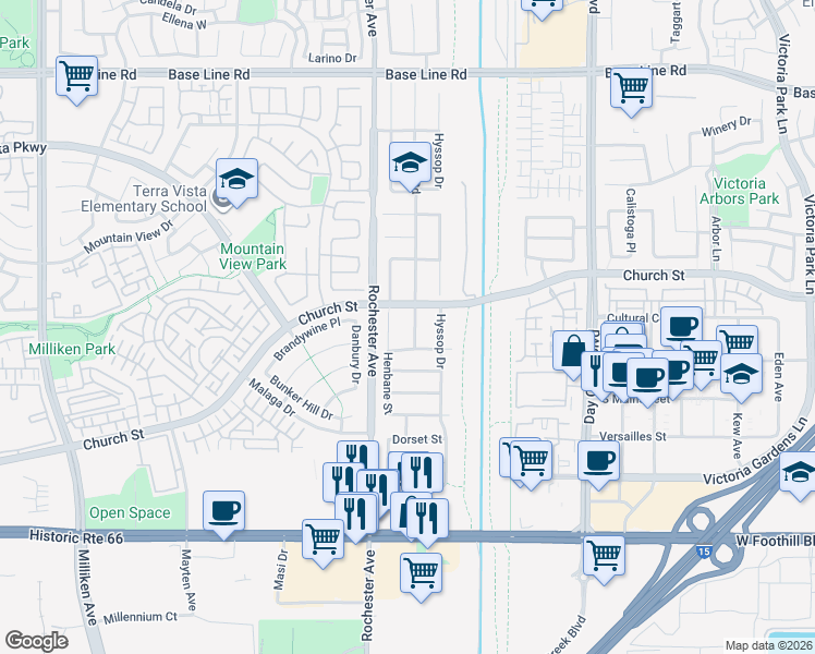 map of restaurants, bars, coffee shops, grocery stores, and more near 7749 Henbane Street in Rancho Cucamonga