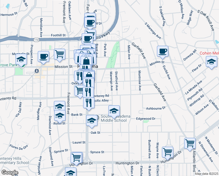 map of restaurants, bars, coffee shops, grocery stores, and more near 1120 Donaldo Court in South Pasadena