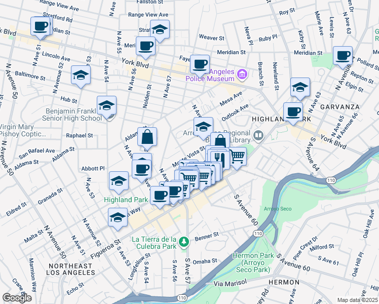 map of restaurants, bars, coffee shops, grocery stores, and more near 5911 Monte Vista Street in Los Angeles