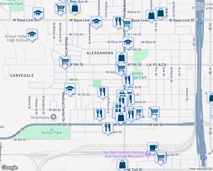 map of restaurants, bars, coffee shops, grocery stores, and more near 1424 Vine Street West in San Bernardino