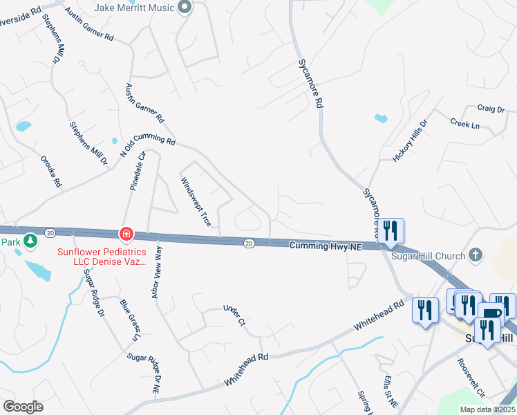 map of restaurants, bars, coffee shops, grocery stores, and more near 1005 North Old Cumming Road in Sugar Hill