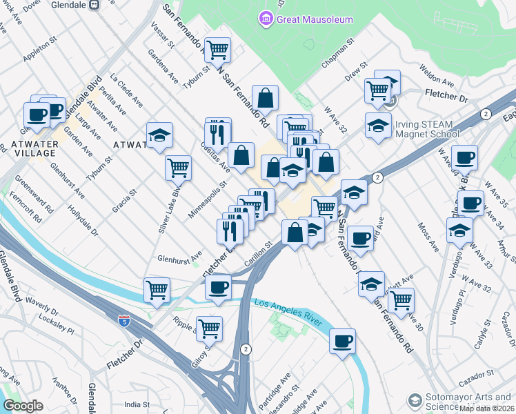 map of restaurants, bars, coffee shops, grocery stores, and more near 3116 Casitas Avenue in Los Angeles