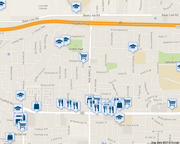 map of restaurants, bars, coffee shops, grocery stores, and more near N Towne Ave & Syracuse Dr in Claremont