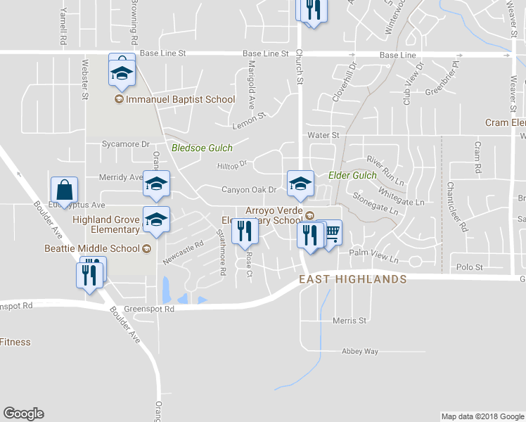 map of restaurants, bars, coffee shops, grocery stores, and more near 28799 Glenheather Drive in Highland