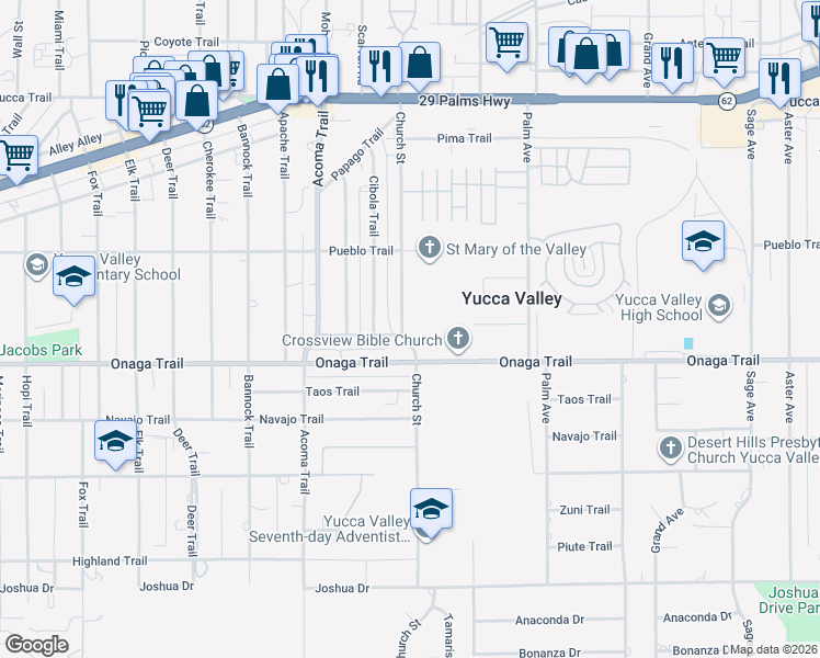 map of restaurants, bars, coffee shops, grocery stores, and more near 7645 Church Street in Yucca Valley
