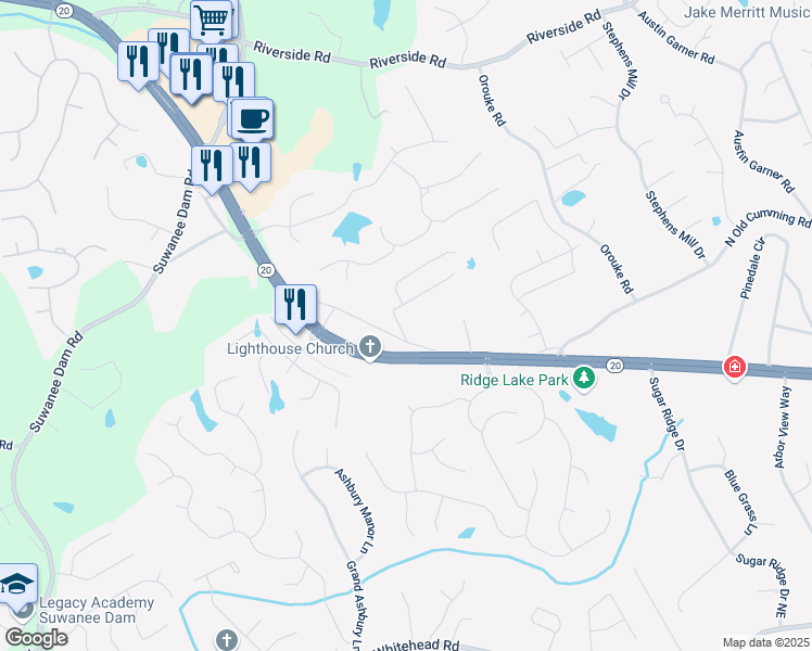map of restaurants, bars, coffee shops, grocery stores, and more near 5629 Benefield Road Northeast in Sugar Hill