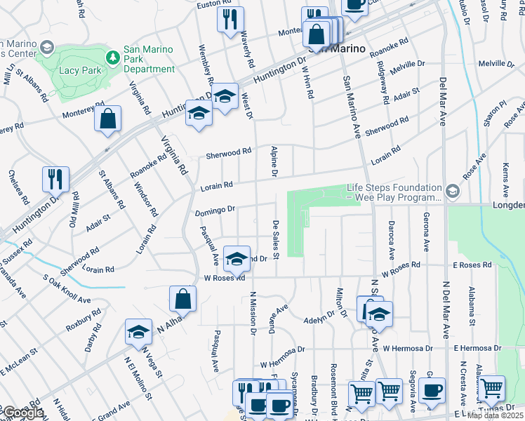 map of restaurants, bars, coffee shops, grocery stores, and more near 629 North Mission Drive in San Gabriel