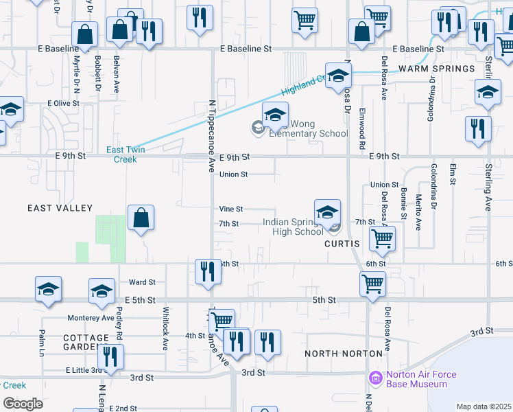 map of restaurants, bars, coffee shops, grocery stores, and more near 25028 Vine Street in San Bernardino