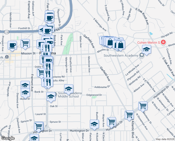 map of restaurants, bars, coffee shops, grocery stores, and more near 1123 Montrose Avenue in South Pasadena