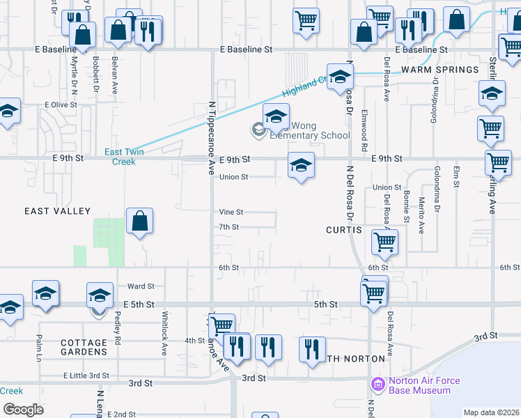 map of restaurants, bars, coffee shops, grocery stores, and more near 25038 Vine Street in San Bernardino