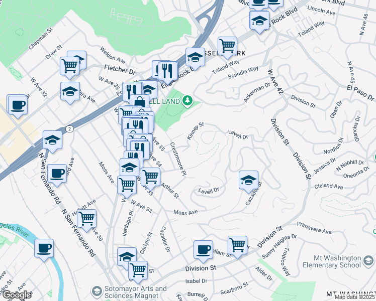 map of restaurants, bars, coffee shops, grocery stores, and more near 3554 North Paseo Drive in Los Angeles